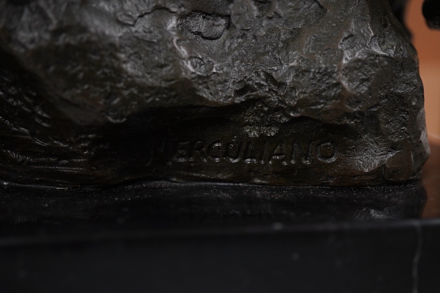 After Giacomo Merculiano, an Art Deco style patinated bronze of a panther, signed, length 30cm